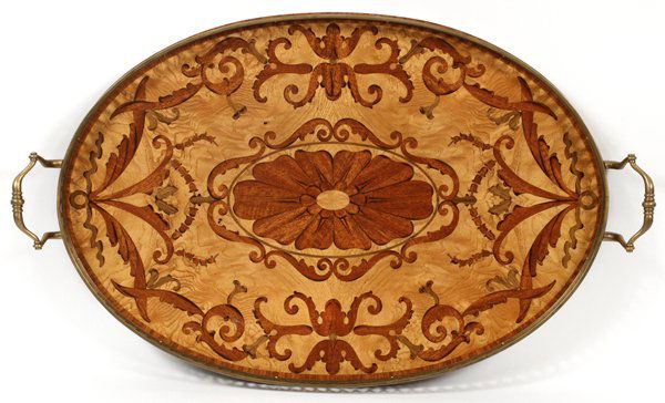 MAITLAND-SMITH OVAL TRAY: MAITLAND-SMITH OVAL TRAY, L 31":Marquetry tray with gilt metal mounts. For a high resolution photo CLICK HERE