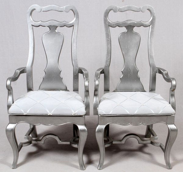 DREXEL FURNITURE ARMCHAIRS PAIR: DREXEL FURNITURE ARMCHAIRS, PAIR:Each has an urn-form splat and upholstered seat flanked by open arms. Painted silver frames. For a high resolution photo CLICK HE