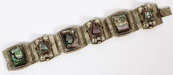MEXICAN STERLING & ABALONE BRACELET TAXCO: MEXICAN STERLING & ABALONE BRACELET, TAXCO, L 7":Link style. For a high resolution photo CLICK HERE