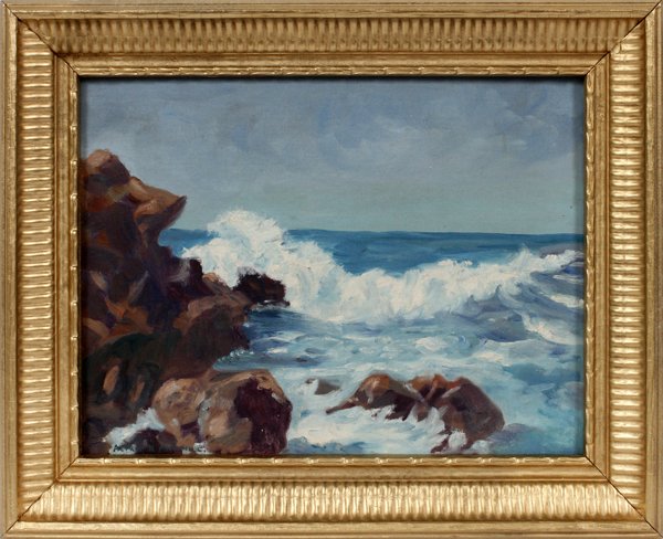 ALFRED MITCHELL OIL ON ARTIST BOARD: ALFRED MITCHELL, OIL ON ARTIST BOARD, H 12", L 16", LA JOLLA COVE:Alfred Richard Mitchell [American, 1888 - 1972]. The seascape oil on artist board depicts the La Jolla Cove. Signed lower left and fra