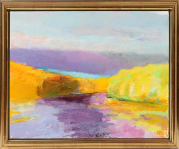 WOLF KAHN OIL ON CANVAS 1994: WOLF KAHN (AMERICAN B. 1927), OIL ON CANVAS, 1994, H 16", L 22", "LITTLE RIVER BEND":Signed lower middle; framed; Marianne Friedland Gallery label. For a high resolution photo