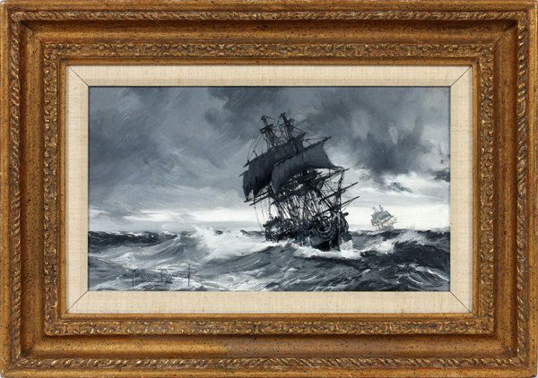 MONTAGUE DAWSON, OIL ON BOARD: MONTAGUE DAWSON (BRITISH 1890-1973), OIL ON BOARD, 1960, H 6", L 10", "CHOPPY SEA'S":Signed lower left, Frost and Reed Gallery label, registration #43161on verso. Framed. For a high resolution photo