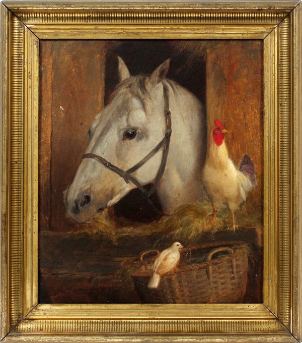 SAMUEL LANCASTER GERRY OIL ON ARTIST BOARD: SAMUEL LANCASTER GERRY (AMERICAN 1813- 1891), OIL ON ARTIST BOARD, HORSE LOOKING OUT OF STABLE WITH ROOSTER & CANARY, H 14", W 12":Signed lower left; gilt period frame. For a high resolution photo