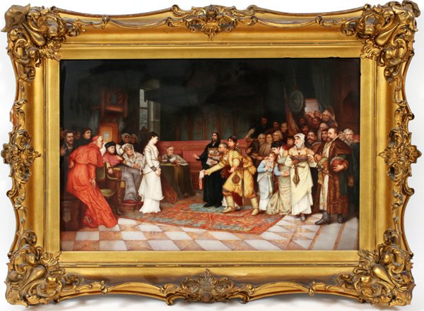 KPM HAND PAINTED PORCELAIN PLAQUE 19TH CENTURY: KPM HAND PAINTED PORCELAIN PLAQUE, 19TH CENTURY, H 14" W 23", RUSSIAN COURT SCENE:Depicting a crowded interior court scene, with the Cardinal and other hierarchical figures at the left, and commoners
