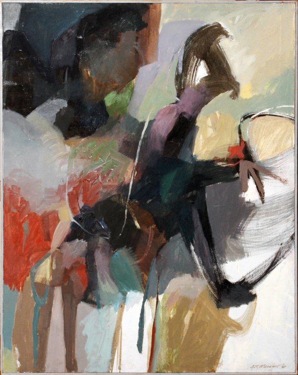 ALAN MARSHALL ACRYLIC ON CANVAS: ALAN MARSHALL ACRYLIC ON CANVAS, H 45.5", L 35.5", "INQUIRY":Alan Marshall [American, 20th C.]. An abstract acrylic on canvas, using the pallet knife technique, and inspired by the questioning of a su