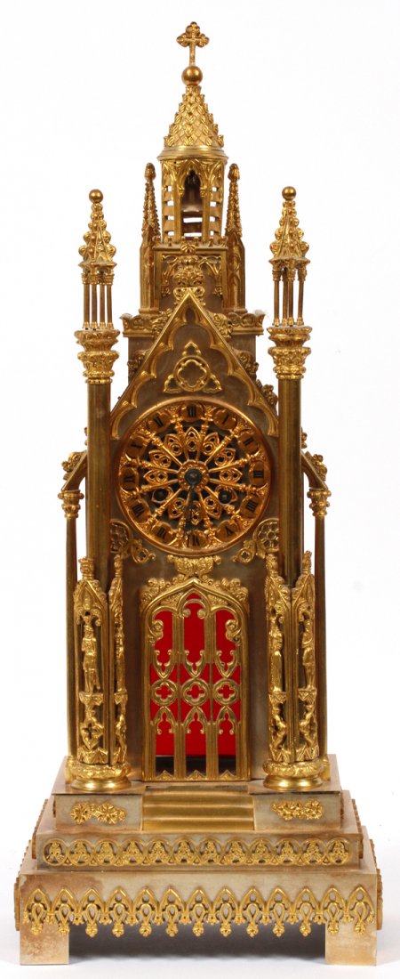 ENGLISH CATHEDRAL STYLE DORE BRONZE CLOCK 19TH.C.: ENGLISH CATHEDRAL STYLE DORE BRONZE CLOCK, 19TH.C. H 22''.:English Gilt Bronze Mantel Clock in the Gothic Taste, 19th c., by A. B. Savory & Sons, Cornhill, London, marked on striking bell movement, th