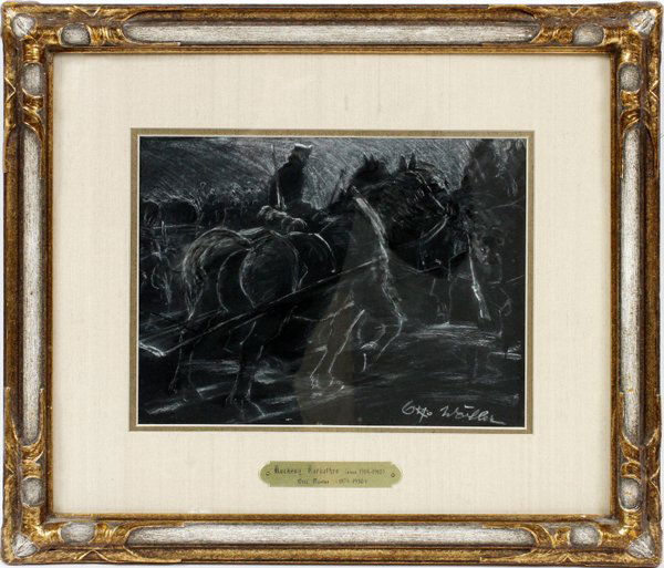OTTO MUELLER CHALK ON BLACK PAPER 1914: OTTO MUELLER, CHALK ON BLACK PAPER 1914 H 7" W 9" TROIKA:Otto Mueller 1874 - 1930. Signed lower right. "Ruckzug Kaarpathen". Scene of Russian invasion forces 1914 - 1918. For a high resolution photo
