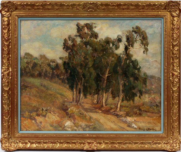 FRANZ ARTHUR BISCHOFF OIL ON CANVAS: FRANZ ARTHUR BISCHOFF (AMERICAN, 1864-1929), OIL ON CANVAS, 24" X 30", LANDSCAPE:Signed. Label on stretcher: Bowater Gallery, Melrose Place, Los Angeles, California. For a high resolution photo