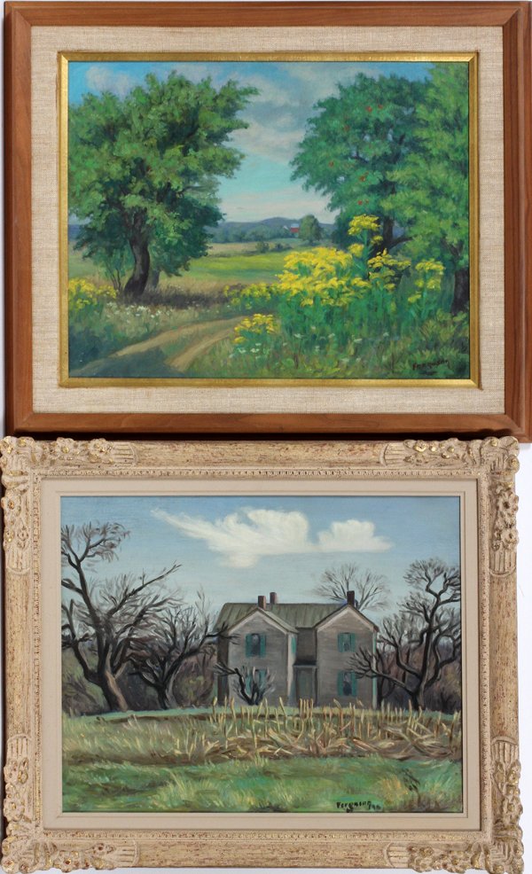 EDWARD FERGUSON OIL PAINTINGS 2: EDWARD FERGUSON (MICHIGAN B. 1914), OIL PAINTINGS, 2, H 16", W 20", HOUSES AND MEADOW LANDSCAPE WITH ROAD:Houses is on canvas and signed and dated '40 in the lower right; the landscape is on canvas bo