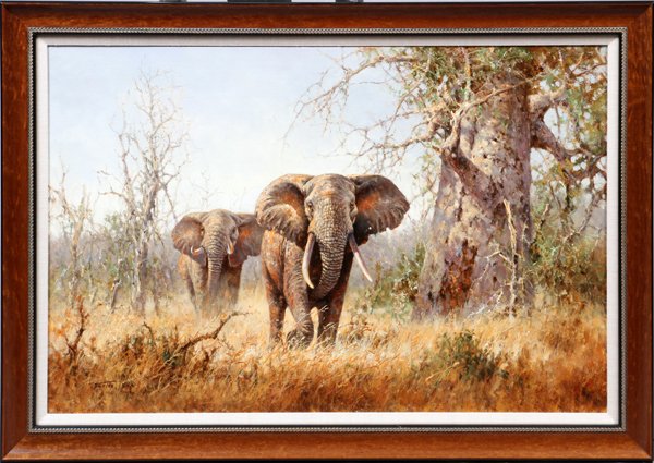 ERIC FORLEE ASIAN/AMERICAN B. 1949 OIL ON CANVAS: ERIC FORLEE ASIAN/AMERICAN, B. 1949), OIL ON CANVAS, 1994, H 24", W 36", TWO ELEPHANTS:Signed and dated lower left; original frame. Orchard Lake Framing Gallery, Keego Harbor, MI label. For a high res