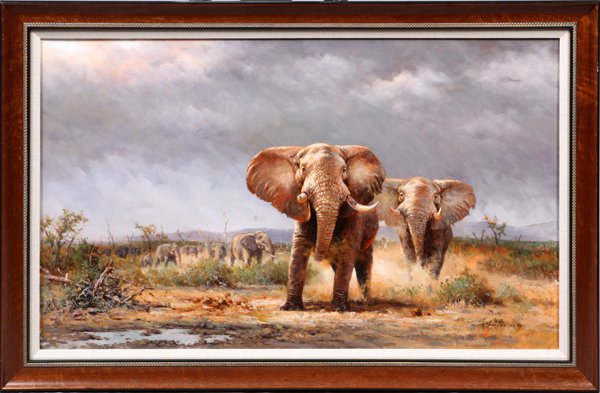 ERIC FORLEE OIL ON CANVAS 1993: ERIC FORLEE (ASIAN/AMERICAN), OIL ON CANVAS 1993, H 24", W 40", TWO ELEPHANTS:Signed and dated lower right; original frame. Orchard Lake Art Center label. For a high resolution photo