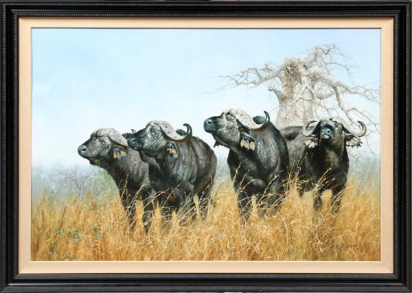 ERIC FORLEE OIL ON CANVAS 2003: ERIC FORLEE (ASIAN/AMERICAN, B. 1949), OIL ON CANVAS, 2003, H 36", W 54", FOUR BUFFALO:Signed and dated lower right; original frame. For a high resolution photo CL
