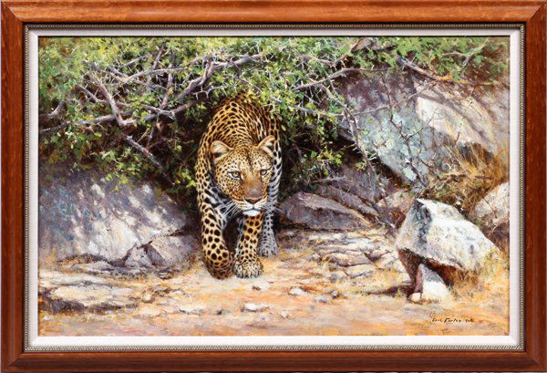 ERIC FORLEE OIL ON CANVAS 1990: ERIC FORLEE (ASIAN/AMERICAN, B. 1949), OIL ON CANVAS, 1990, H 24", W 36", LEOPARD IN HUNTING MODE:Signed and dated lower right; original frame. Orchard Lake Art Center label. For a high resolution pho