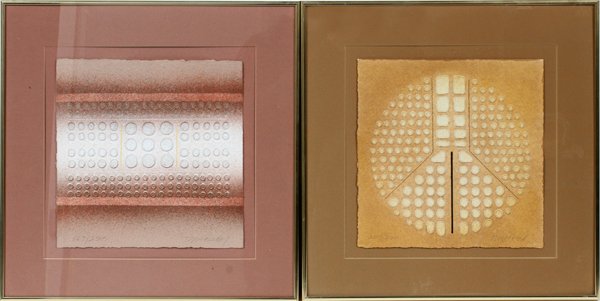 PAUL MAXWELL EMBOSSED STENCIL CAST PRINTS ON PAPER: PAUL MAXWELL (DALLAS, TX, 20TH C. ) EMBOSSED STENCIL CAST PRINTS ON PAPER, TWO, H 11 1/4", W 11 1/4":Pencil signed at the lower right; including two embossed prints on paper, with abstract composition