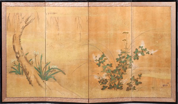 JAPANESE 4-PANEL HAND PAINTED SCREEN: JAPANESE 4-PANEL HAND PAINTED SCREEN, H 40 1/2", L 69":Decorated with flowering plant and tree motif. Double silk border; fitted in a black lacquer frame. Unsigned. Circa 1900 possibly. For a high res