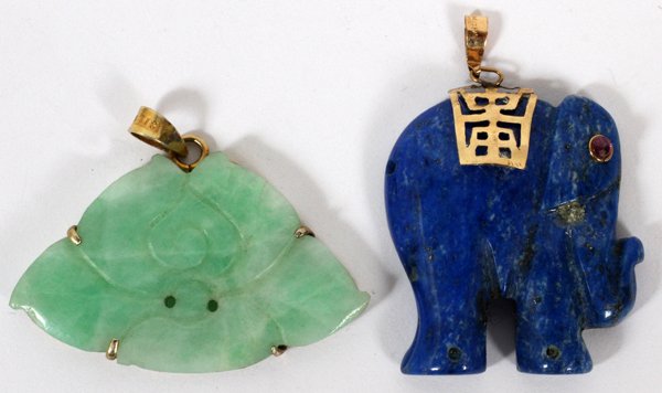 CARVED JADE FAN & LAPIS ELEPHANT PENDANTS: CARVED JADE FAN & LAPIS ELEPHANT PENDANTS, L 1":Including 1 jade fan pendant, the loop stamped "Silver", L.1" x 1 1/4", and 1 lapis elephant pendant with 14kt yellow gold mount, L.1 1/4" x 7/8". Two i