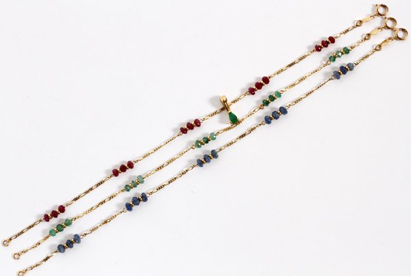 LINK BRACELETS W/ SAPPHIRES & EMERALDS THREE: LINK BRACELETS WITH SAPPHIRES & EMERALDS, THREE, L 7":With blue and pink sapphires. Also green emeralds miniature pendant. Stamped '900' on chains at clasp. For a high resolution photo