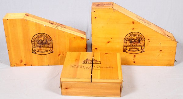 'FAR NIENTE' PINE PIANO WINE BOXES + 1 OTHER: 'FAR NIENTE', PINE PIANO WINE BOXES + 1 OTHER, LATE 20TH C, 3 PCS. H 7 1/2" - 10", W 21" - 38", D 23" - 28":Two pine 'Far Niente' piano wine boxes with a large logo burned into the hinged lid of the l