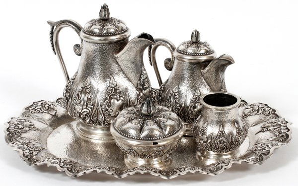 INDONESIAN REPOUSSE .800 SILVER TEA SET W/ TRAY (1 of 5)