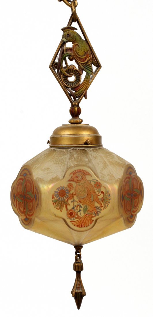 ART DECO IRIDESCENT GLASS HANGING LAMP C. 1925 (1 of 2)