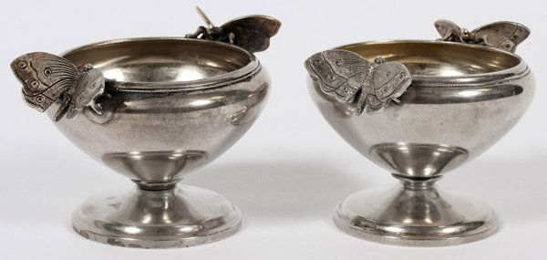GEORGE SHARP SILVER OPEN SALTS PHILADELPHIA C. 1870: GEORGE SHARP SILVER OPEN SALTS, PHILADELPHIA, C. 1870, PAIR, W 3 1/4":Each silver open salt has a gold wash interior and is flanked by butterflies; marked underneath with a lion passant, enclosed S, a