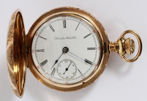 HAMILTON WATCH CO. GOLD FILLED POCKET WATCH, #135850 (1 of 2)