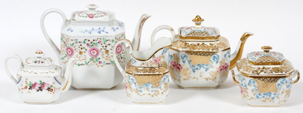 PAINTED PORCELAIN TEAPOTS & TEA WARE C. 1850 5 PCS (1 of 2)