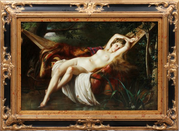 BALDWIN OIL ON CANVAS C. 2000: BALDWIN, OIL ON CANVAS, C. 2000, H 23 1/2" W 35", RECLINED FEMALE NUDE:No apparent signature, framed. Provenance: C. Chaundy Fine Art, Grosse Pointe Woods, Michigan. For a high resolution photo