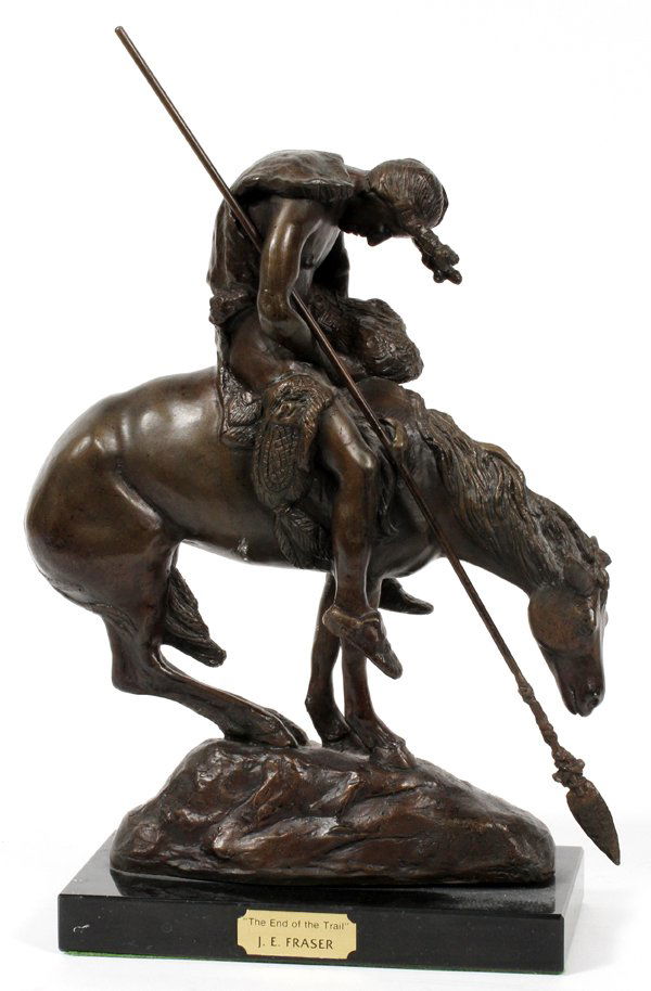 AFTER JAMES EARLE FRASER: AFTER JAMES EARLE FRASER, H 12", "END OF THE TRAIL",:Marble base, restrike. For a high resolution photo CLICK HERE