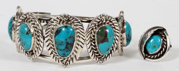 NAVAJO SILVER AND TURQUOISE CUFF BRACELET AND RING (1 of 5)