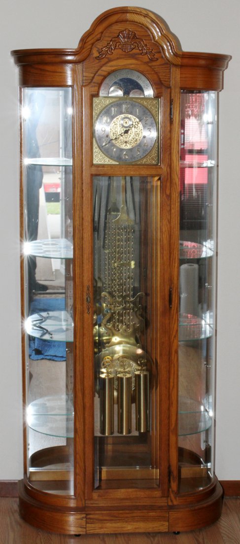 Howard Miller Oak Grandfather Clock Curio Cabinet