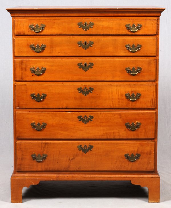 19TH C. AMERICAN CURLY MAPLE TALL CHEST OF DRAWERS (1 of 4)