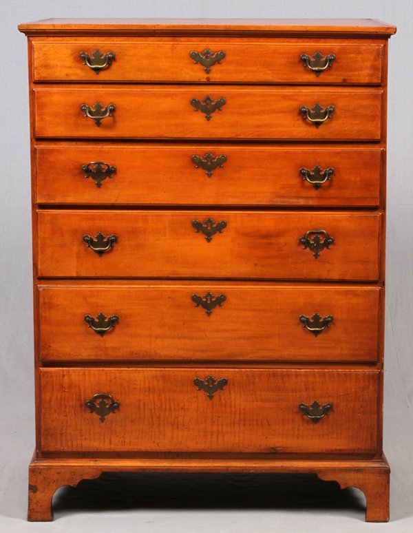 19TH C. AMERICAN CURLY MAPLE TALL CHEST OF DRAWERS (1 of 5)
