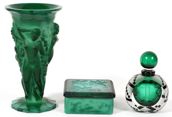 CZECHOSLOVAKIAN MALACHITE GLASS VASE & BOX: CZECHOSLOVAKIAN MALACHITE GLASS VASE & BOX, H 8 1/2", & A STUDIO GLASS PERFUME BOTTLE:Malachite glass includes 1 trumpet-form vase with nude figures about in low relief in the style of Josef Hoffman,