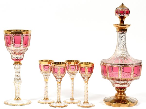 MOSER CRANBERRY GLASS & GILT DECANTER W/ STEMWARE (1 of 2)