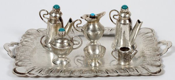 MEXICAN STERLING & TURQUOISE MINIATURE TEA SET (1 of 2)