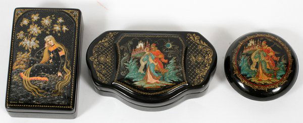 RUSSIAN BLACK LACQUER BOXES, THREE (1 of 8)