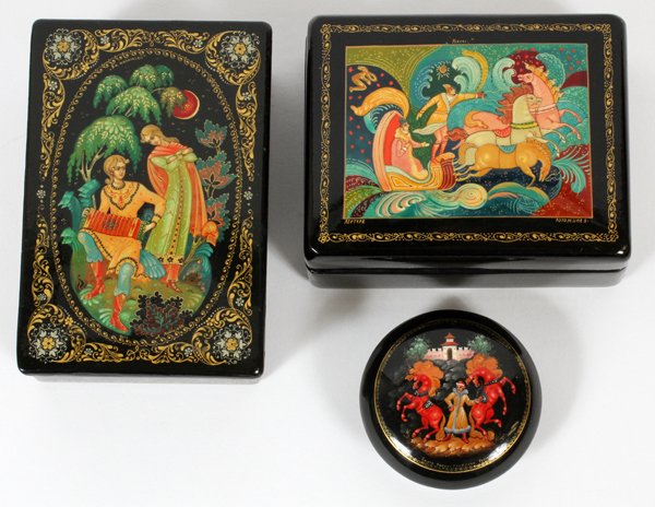 RUSSIAN BLACK LACQUER BOXES, THREE (1 of 10)