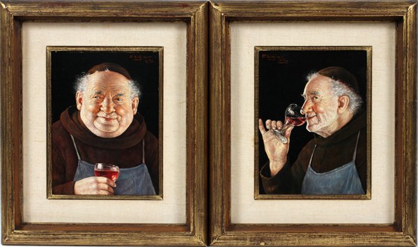 OTTO EICHINGER PAIR OF OILS ON MASONITE: OTTO EICHINGER, PAIR OF OILS ON MASONITE, H 10" W 8", MONKS WITH WINE GLASSES:Otto Eichinger (AUSTRIAN, 1922-2004); each signed and marked, "Wien". Size including frame: Height 16 1/2", Width 14" and 