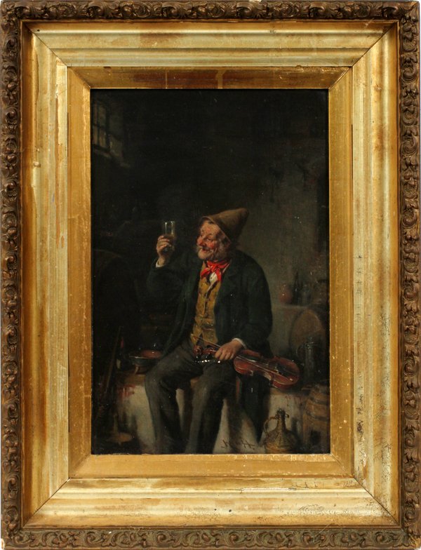 OIL ON MAHOGANY PANEL 19TH C.: OIL ON MAHOGANY PANEL, 19TH C., H 18.5", L 12.25", SEATED MAN:Depicting a seated man hoisting a glass of beer with a violin in the other hand. Singed lower right. In a period frame.