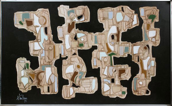 GREGORY HAWTHORNE ACRYLIC ON MASONITE: GREGORY HAWTHORNE ACRYLIC ON MASONITE, H 36", L 60", ABSTRACT:11