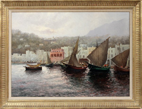 GUIDO ODIERNA ,ITALIAN, OIL ON CANVAS: GUIDO ODIERNA (1913-1991), ITALIAN, OIL ON CANVAS, H 28", W 37", "HARBOR SUNSET":Signed lower right; framed. W.T Burger Co. label.