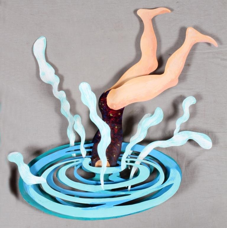 DAVID GERSTEIN ISRAELI STEEL SCULPTURE: DAVID GERSTEIN (20TH C.), ISRAELI CONTEMPORARY STEEL SCULPTURE 35" X 34": In the form of a diving woman, H.35" x 34",