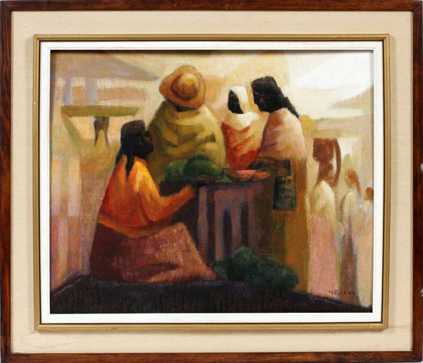 MELENA, MEXICAN OIL ON CANVAS OVER BOARD C. 1980'S: MELENA, MEXICAN OIL ON CANVAS OVER BOARD, C. 1980'S, H 20", W 26":Signed in lower right. Framed. Depicting a native watermelon vendor.