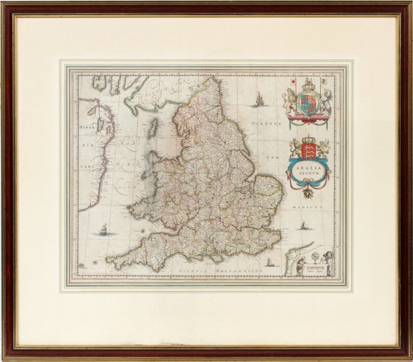 G. BLAEU ENGRAVED MAP ANGLICA REGNUM: G. BLAEU ENGRAVED MAP, ANGLICA REGNUM, 15" X 21":Hand colored. Paul Victorius custom frame. Engraved map H 15 1/4", W 21", Dated 1649.