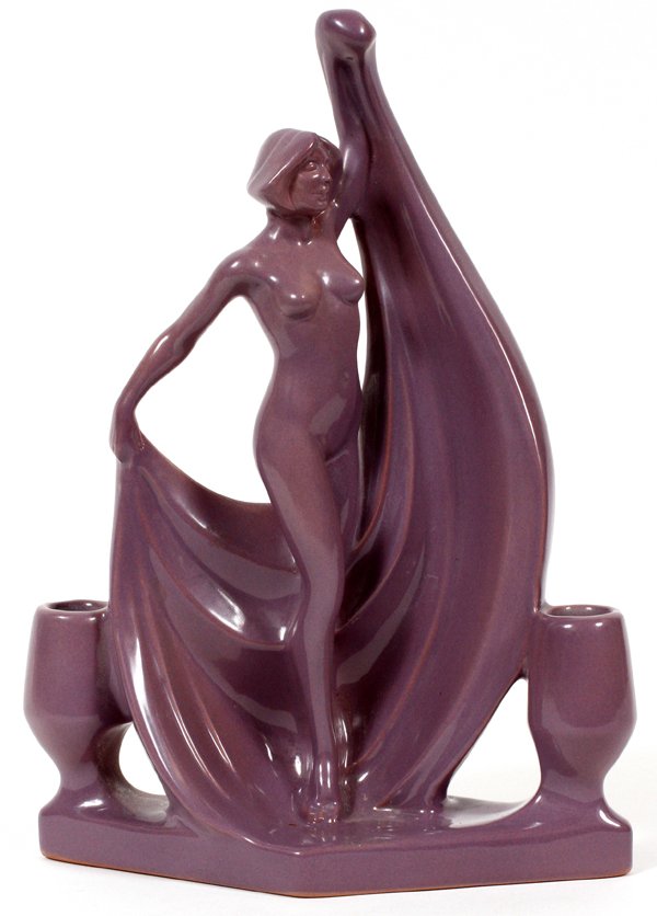 GERALD SMITH FRANKOMA ART DECO CANDLE HOLDER C1930: GERALD SMITH, FRANKOMA POTTERY, ART DECO NUDE FIGURE CANDLE HOLDER, C1930, H 11", W 8":Frankoma Pottery Co, Art Deco nude figural candle holder, 11 1/2" H. x 8"W. Lavender in color. For a high resolut