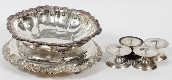 SILVER PLATE TABLE ACCESSORIES SIX PIECES: SILVER PLATE TABLE ACCESSORIES, SIX PIECES, DIA 12":Including four candleholders H 2", an open vegetable and one footed cake stand. For a high resolution photo CLI