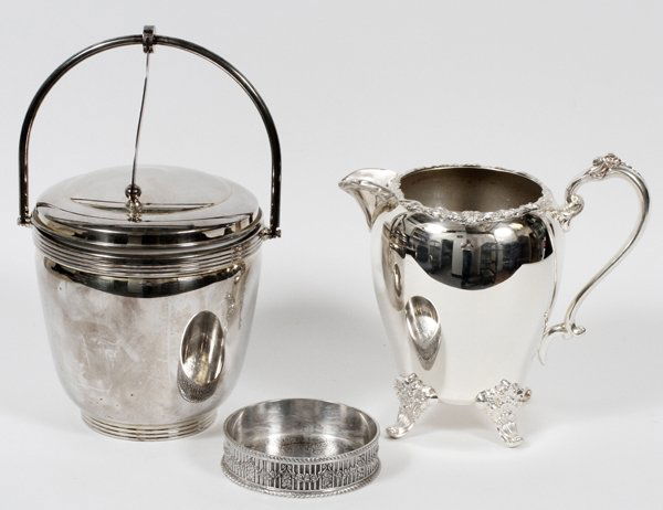 SILVER PLATE BAR ACCESSORIES, THREE PIECES: SILVER PLATE BAR ACCESSORIES, THREE PIECES:Including an ice bucket with liner, a large pitcher and a wine coaster. For a high resolution photo CLICK HERE