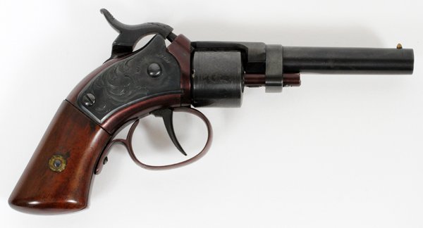 MASSACHUSETTS ARMS MAYNARD .28 CAL. REVOLVER: THE MASSACHUSETTS ARMS MAYNARD .28 CAL. PERCUSSION CAP REVOLVER, #488, L 3" BBL:The Massachusetts Arms Co. .28 cal, percussion cap revolver. Having a 3" barrel stamped "Mass. Arms Co. Chicopee Falls".