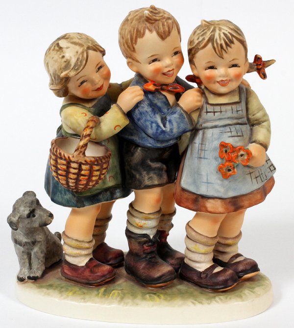 HUMMEL BISQUE FIGURE GROUP 'FOLLOW THE LEADER': HUMMEL BISQUE FIGURE GROUP, 'FOLLOW THE LEADER', H 7", #369:Of three children playing. Goebel Bee mark, c. 1970-1979. For a high resolution photo CLICK HERE